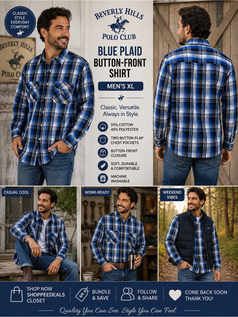 Beverly Hills Polo Club Blue Plaid Button-Front Shirt – Men’s XL – Cotton Blend